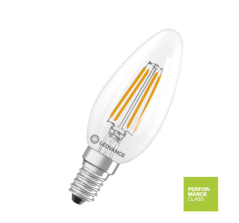 WoodUpp E14 LED-kronelyspære, 3,4 W, 470 lm; klart glass med synlige glødetråder, sølvfarget skrusokkel og grønn ytelsesklasseetikett.